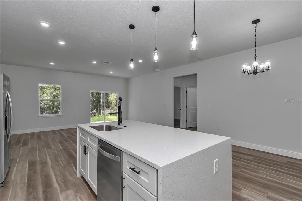 Interior, Kitchen, Pendant Lights, Recessed Lighting, Wood Texture Flooring