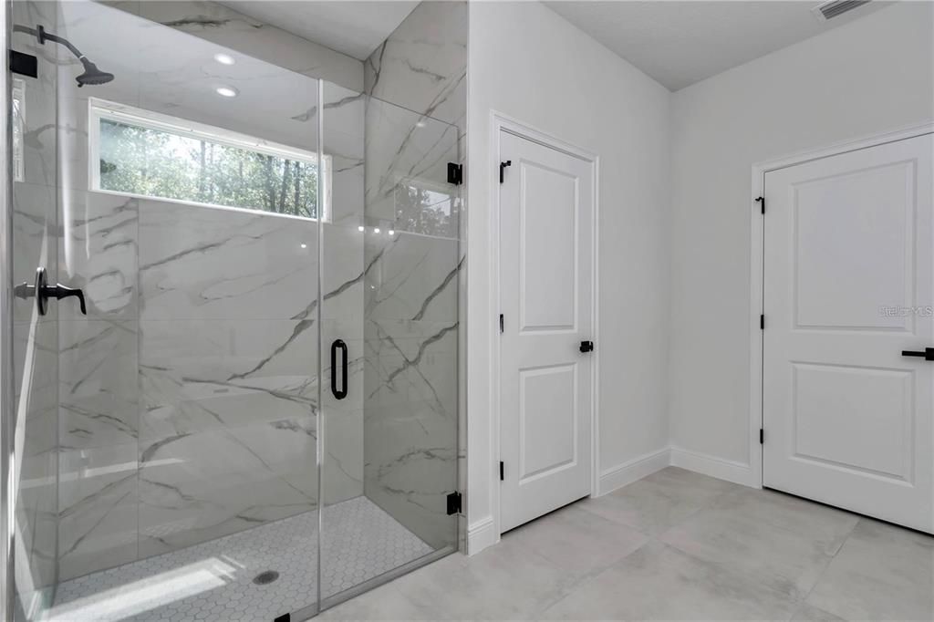 Bathroom, Glass Shower, Interior, Marble Walls, Recessed Lighting