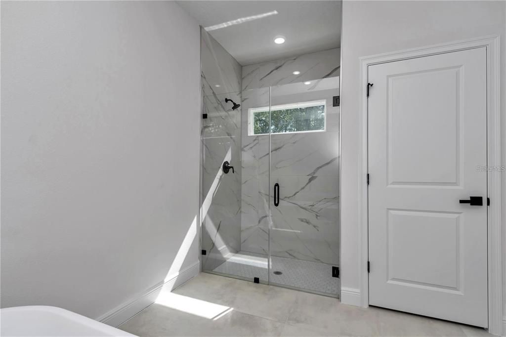 Bathroom, Glass Shower, Interior, Marble Walls, Recessed Lighting