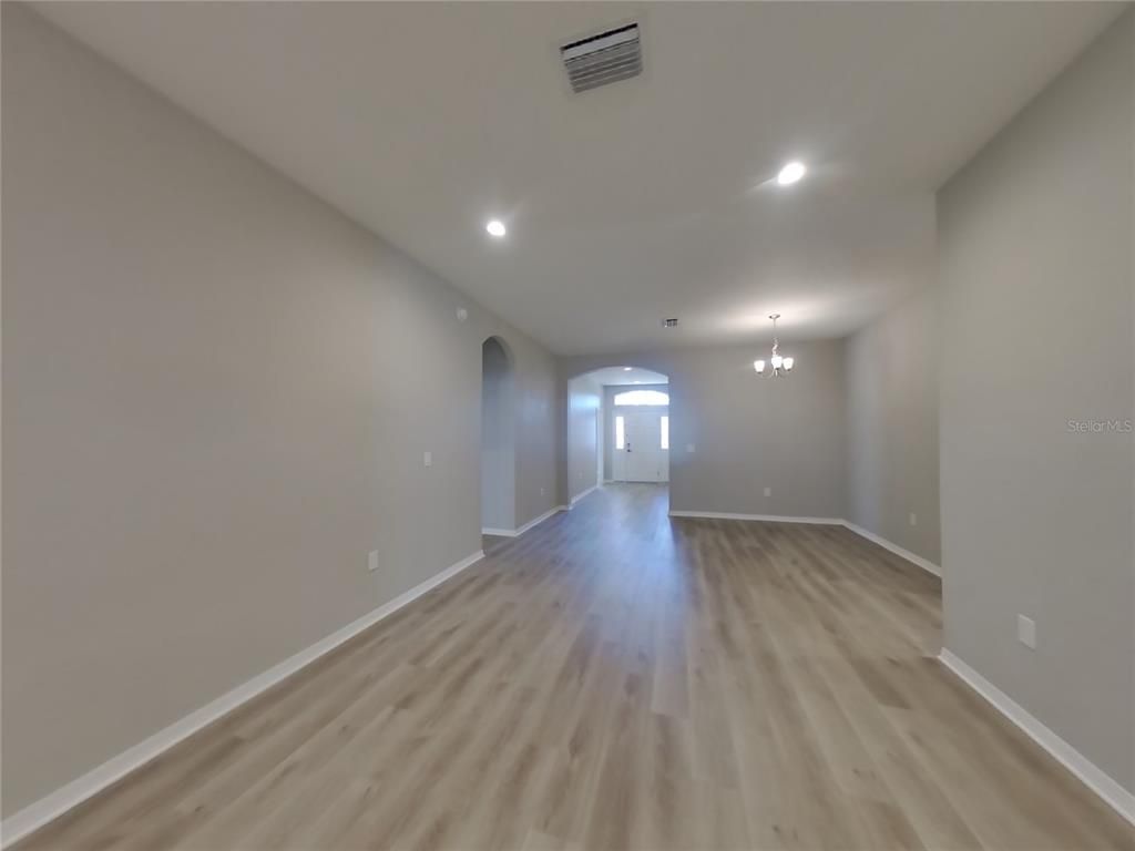 Chandelier, Empty room, Interior, Recessed Lighting, Wood Texture Flooring