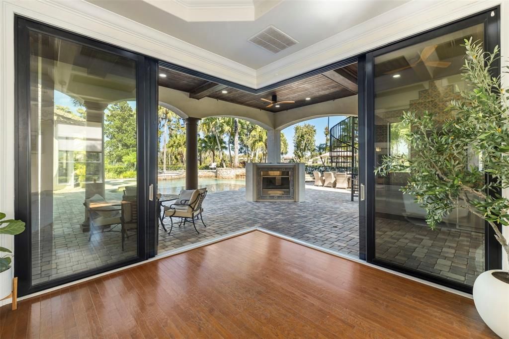 Fireplace, Interior, Recessed Lighting, Wood Texture Flooring