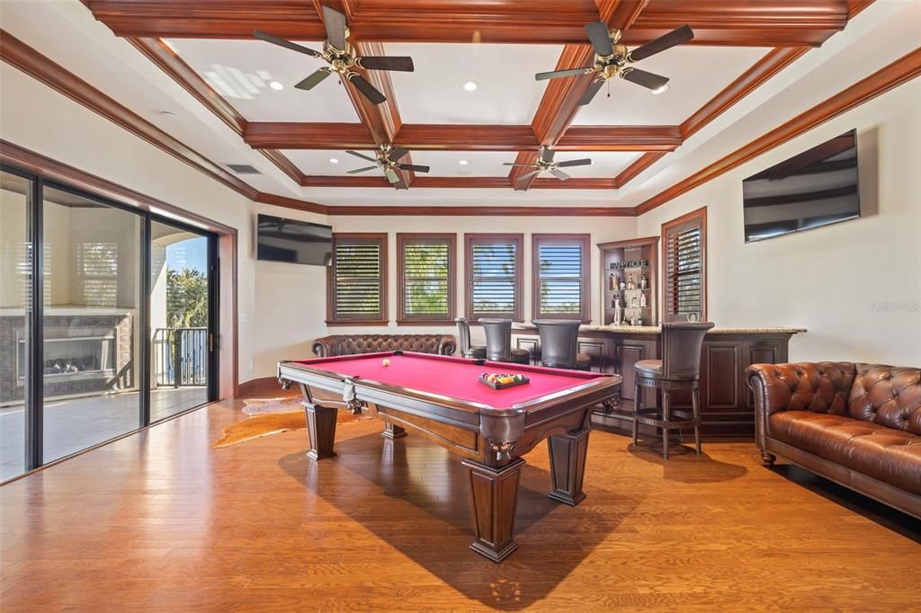 Billiard Table, Game Room, Interior, Recessed Lighting, Wood Texture Flooring