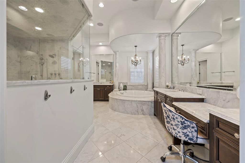 Bathroom, Chandelier, Dual Sink Vanities, Glass Shower, Interior, Marble, Recessed Lighting