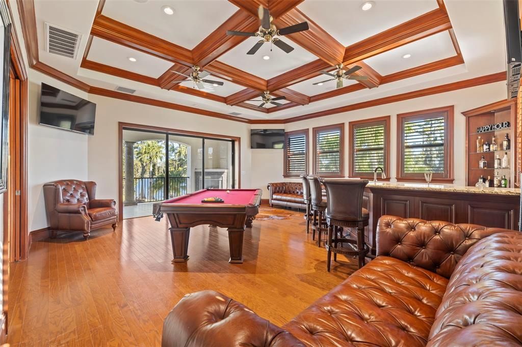 Billiard Table, Game Room, Interior, Recessed Lighting, Wood Texture Flooring