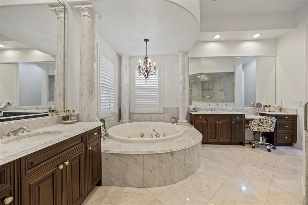 Bathroom, Chandelier, Dual Sink Vanities, Interior, Recessed Lighting