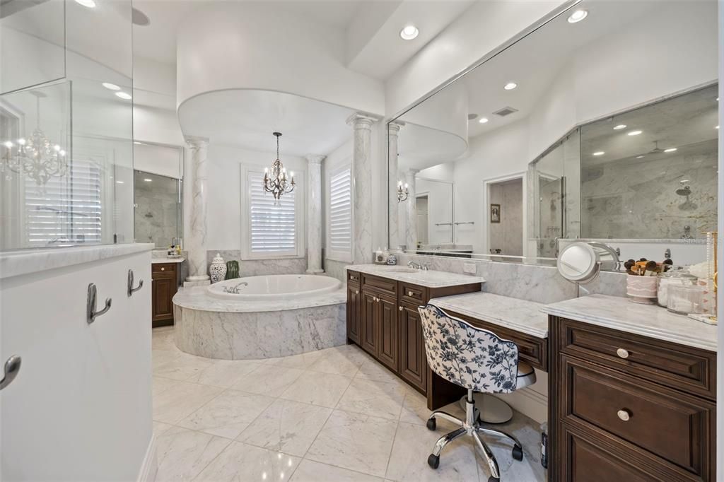 Bathroom, Chandelier, Dual Sink Vanities, Glass Shower, Interior, Marble, Recessed Lighting