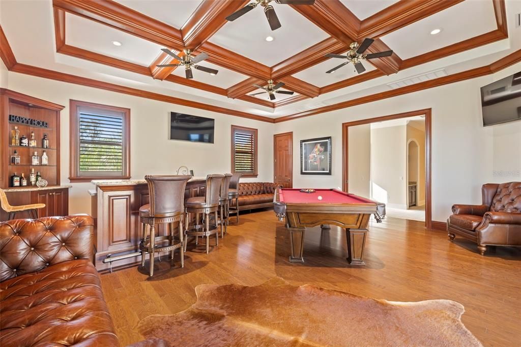 Billiard Table, Game Room, Interior, Recessed Lighting, Wood Texture Flooring