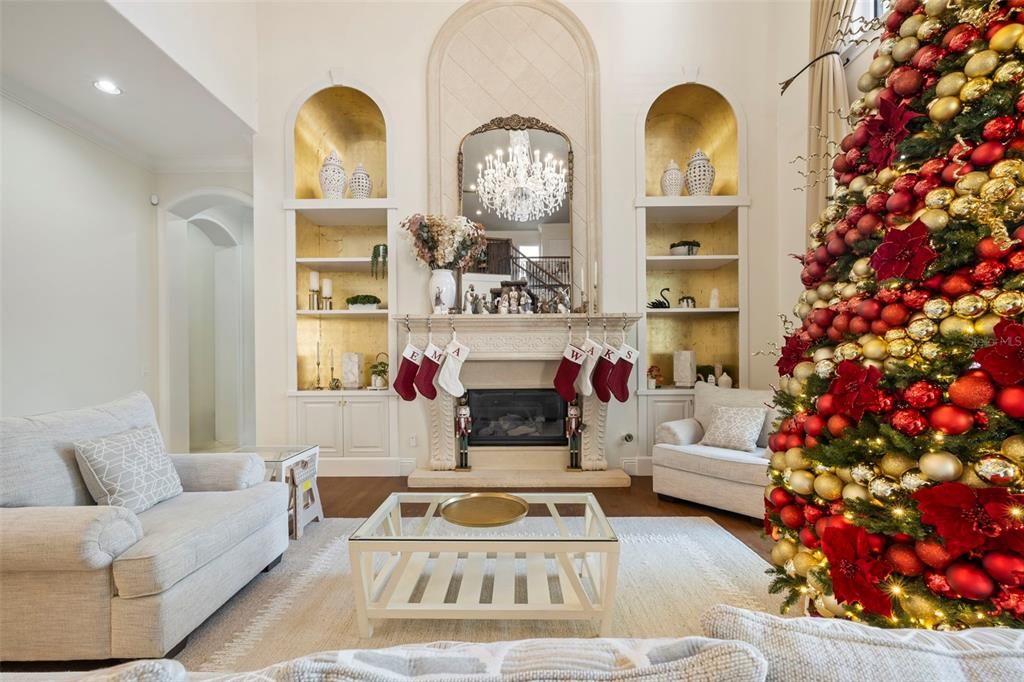 Chandelier, Fireplace, Interior, Living room, Recessed Lighting, Wood Texture Flooring