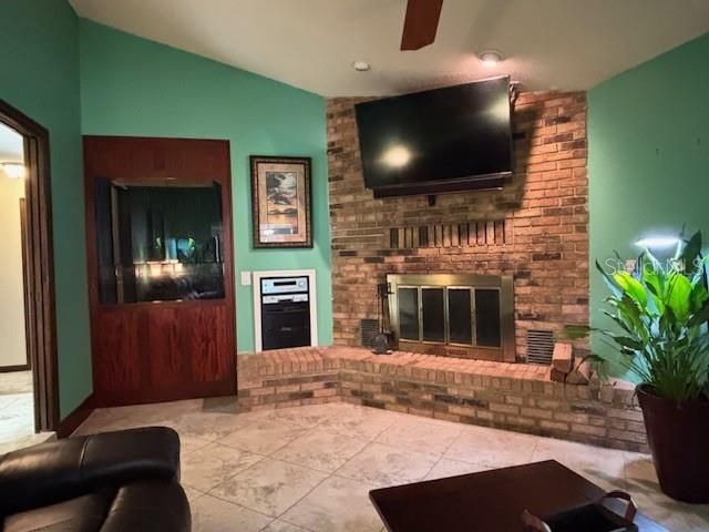 Fireplace, Interior, Recessed Lighting, Stone Walls