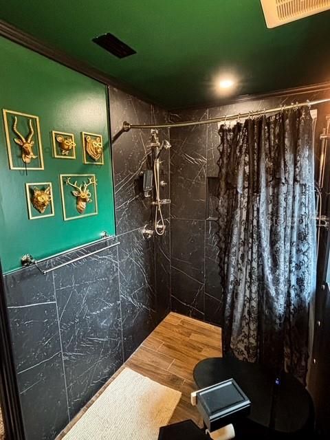 Bathroom, Interior, Marble Walls, Recessed Lighting, Wood Texture Flooring