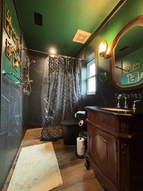 Bathroom, Interior, Marble Walls, Recessed Lighting, Wood Texture Flooring