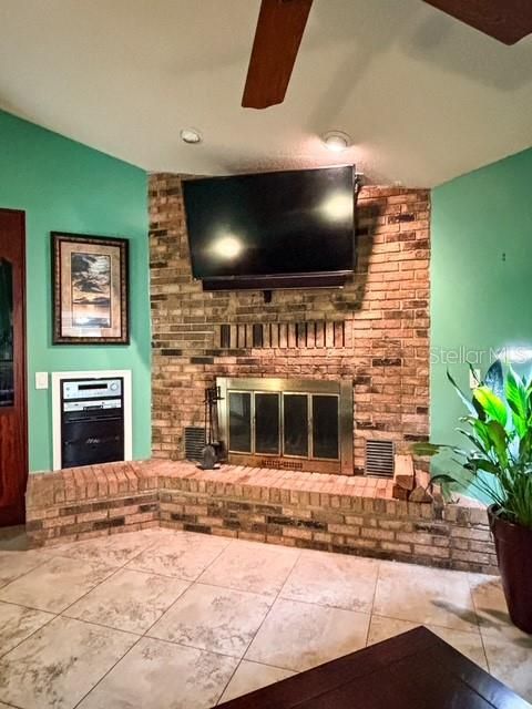 Fireplace, Interior, Recessed Lighting, Stone Walls