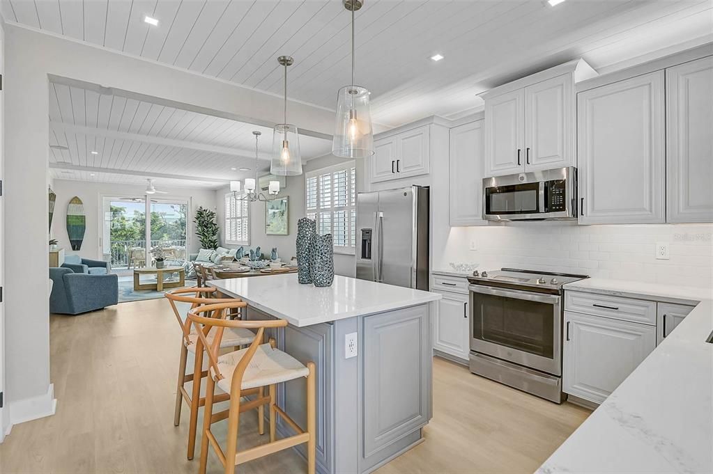 Interior, Kitchen, Living room, Pendant Lights, Recessed Lighting, Stainless Steel Appliances, Wood Texture Flooring