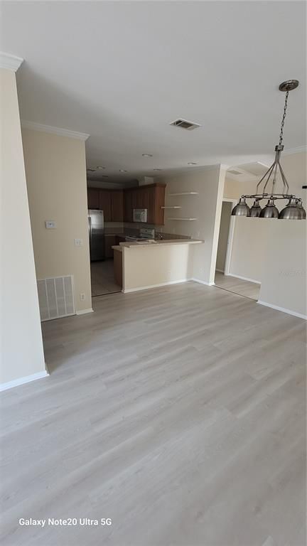 Empty room, Interior, Kitchen, Pendant Lights, Wood Texture Flooring