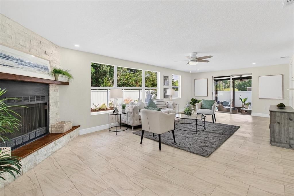 Fireplace, Interior, Living room, Recessed Lighting, Wood Texture Flooring