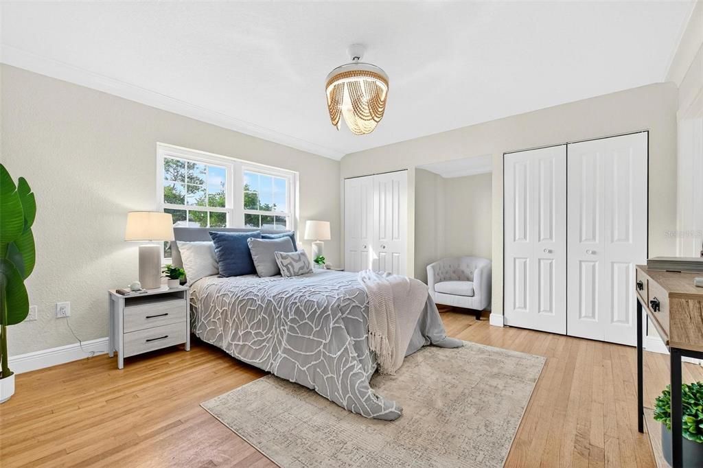 Bedroom, Chandelier, Interior, Wood Texture Flooring