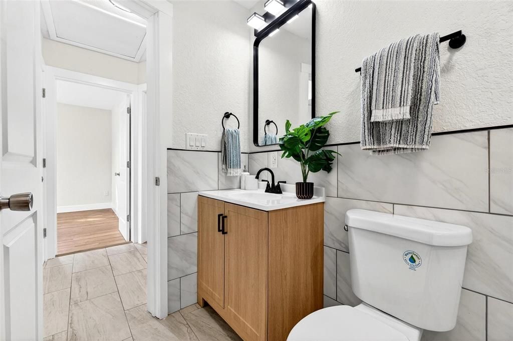 Bathroom, Interior, Marble Walls, Wood Texture Flooring