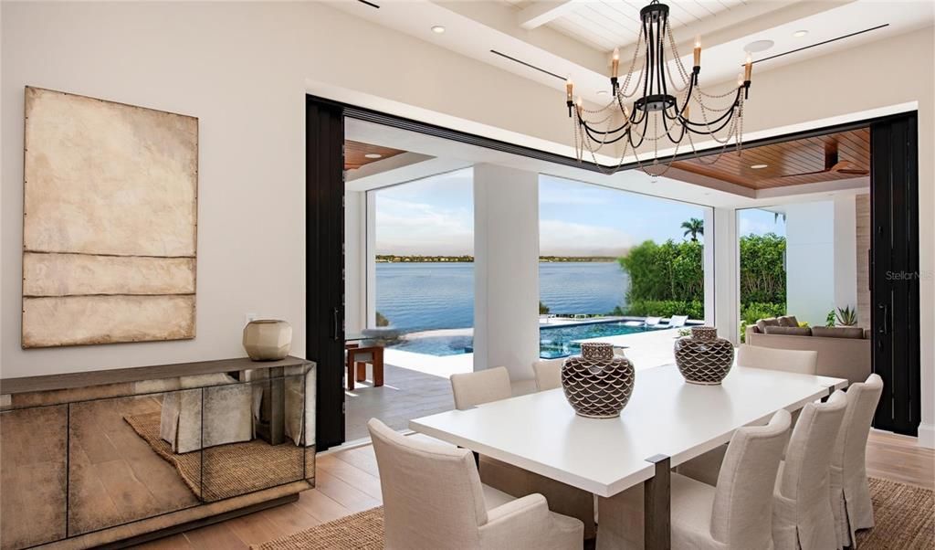 Chandelier, Dining room, Interior, Recessed Lighting, Water, Wood Texture Flooring