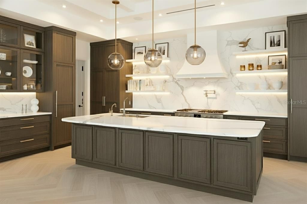 Interior, Kitchen, Marble Walls, Pendant Lights, Recessed Lighting, Wood Texture Flooring