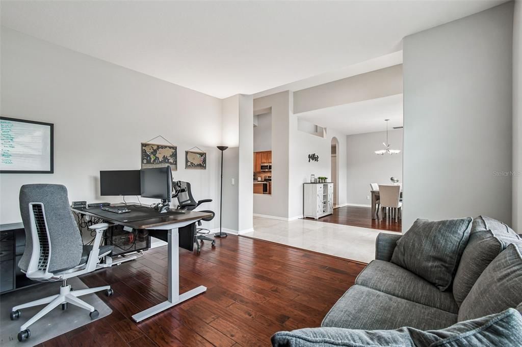 Chandelier, Home Office, Interior, Pendant Lights, Wood Texture Flooring