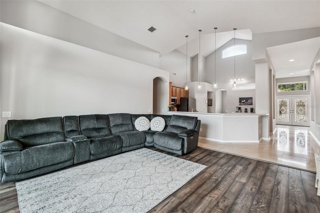 Interior, Kitchen, Living room, Pendant Lights, Recessed Lighting, Wood Texture Flooring