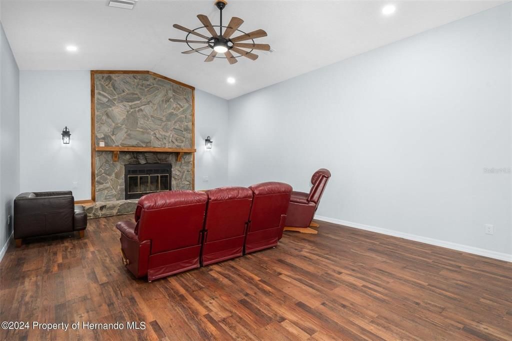 Fireplace, Interior, Recessed Lighting, Wood Texture Flooring
