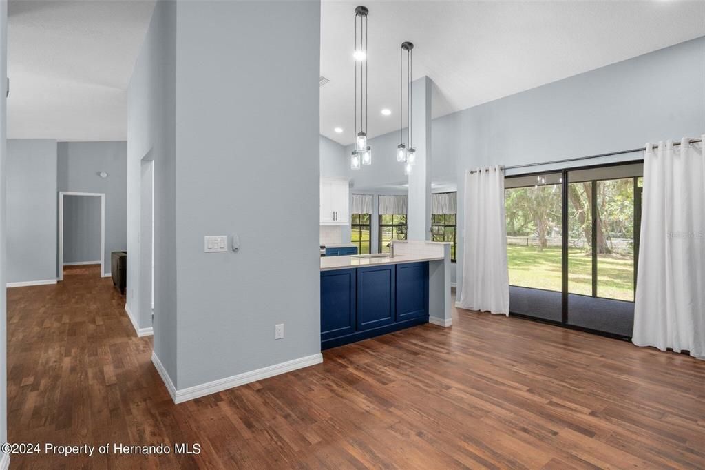 Interior, Kitchen, Pendant Lights, Recessed Lighting, Wood Texture Flooring