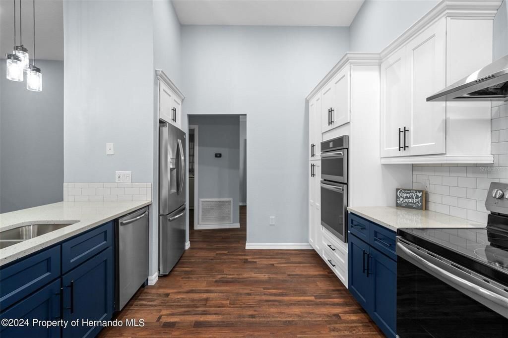 Interior, Kitchen, Pendant Lights, Stainless Steel Appliances, Wood Texture Flooring