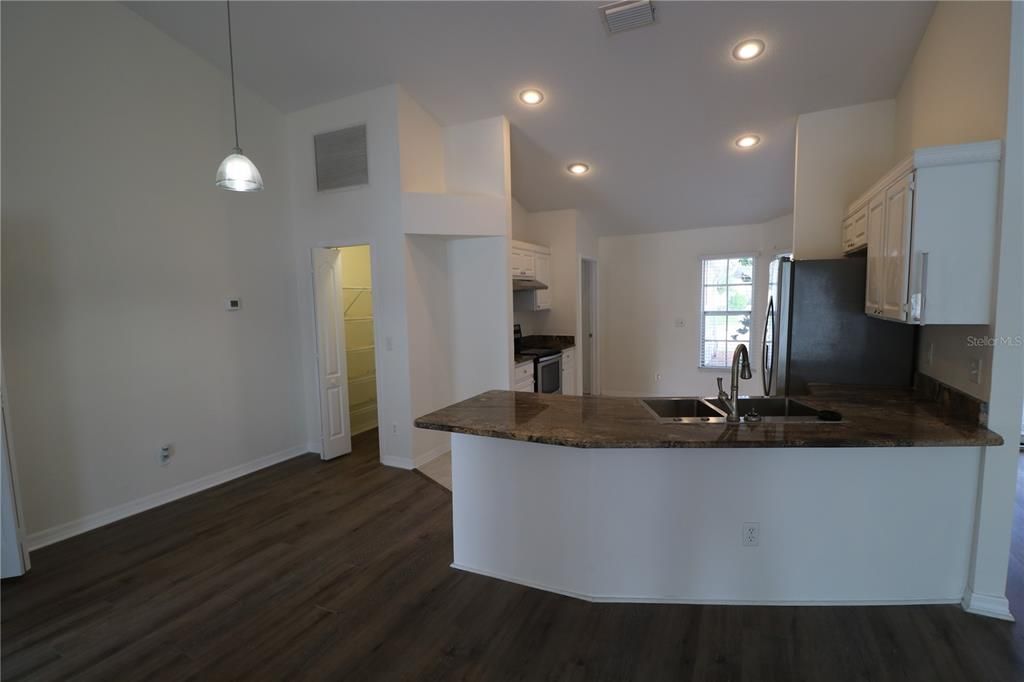 Interior, Kitchen, Pendant Lights, Recessed Lighting, Wood Texture Flooring