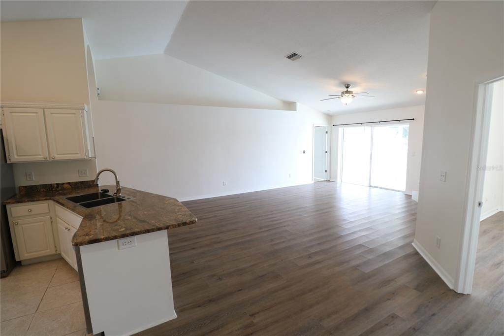 Empty room, Interior, Kitchen, Recessed Lighting, Wood Texture Flooring