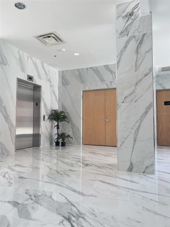 Elevator, Interior, Marble, Marble Walls, Recessed Lighting
