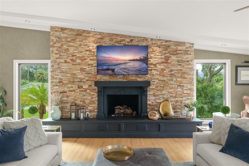 Fireplace, Interior, Living room, Recessed Lighting, Stone Walls, Wood Texture Flooring