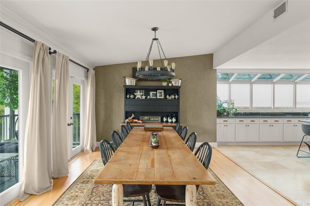 Dining room, Fireplace, Interior, Pendant Lights, Wood Texture Flooring