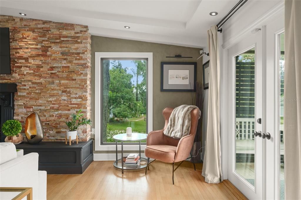 Interior, Recessed Lighting, Stone Walls, Wood Texture Flooring