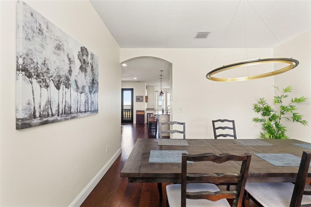 Dining room, Interior, Pendant Lights, Recessed Lighting, Wood Texture Flooring