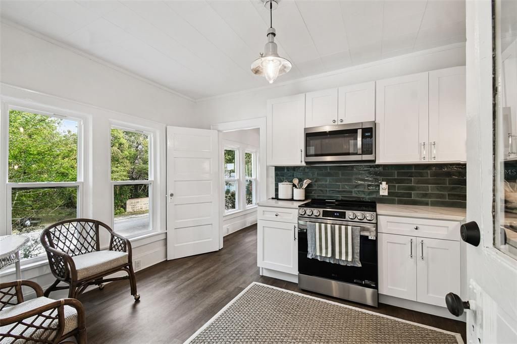 Interior, Kitchen, Pendant Lights, Stainless Steel Appliances, Wood Texture Flooring