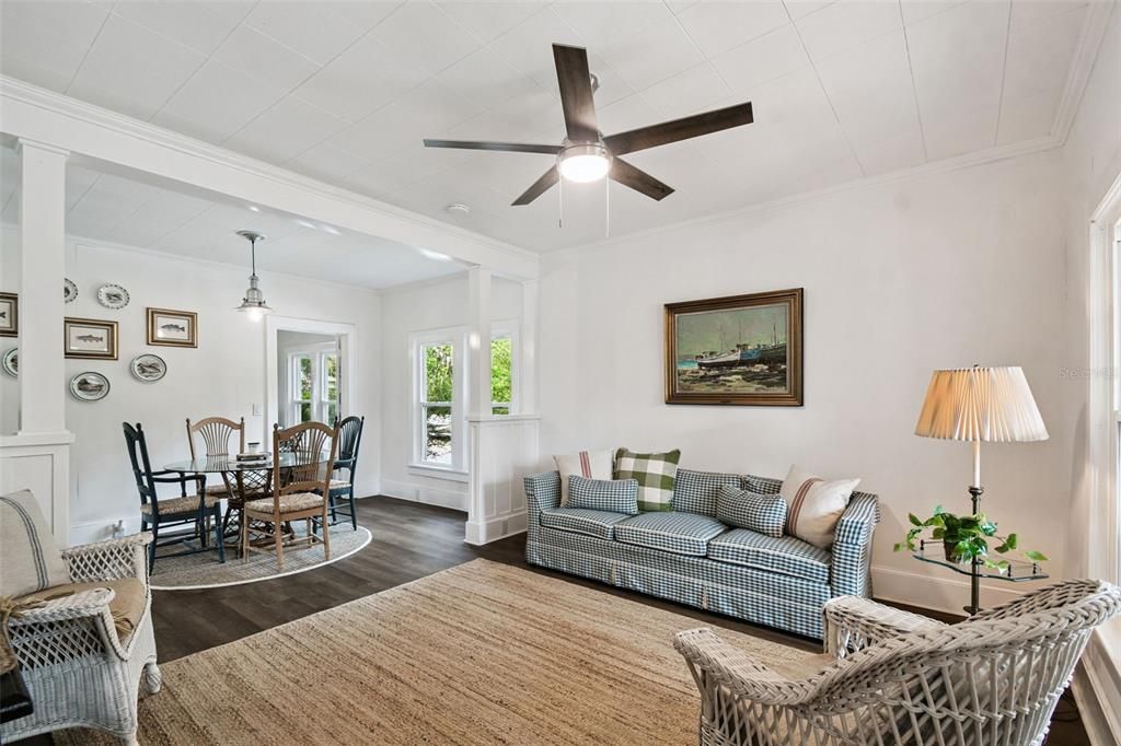 Dining room, Interior, Pendant Lights, Wood Texture Flooring