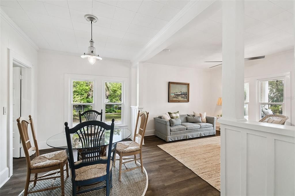 Dining room, Interior, Pendant Lights, Wood Texture Flooring