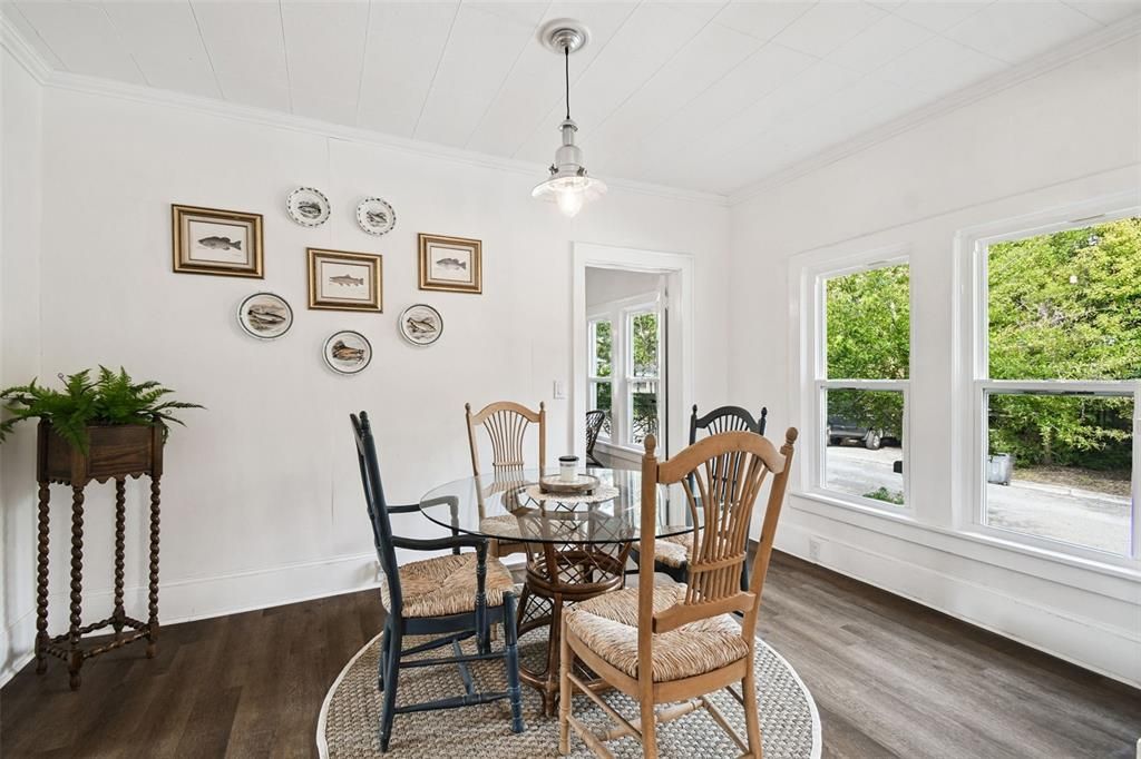 Dining room, Interior, Pendant Lights, Wood Texture Flooring