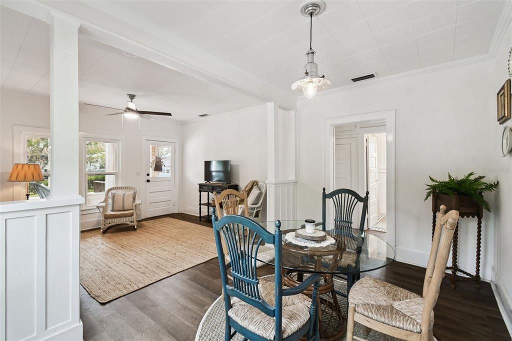 Dining room, Interior, Pendant Lights, Wood Texture Flooring