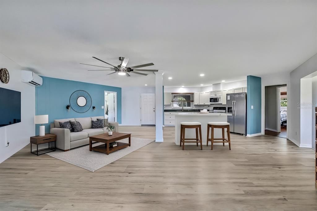 Interior, Kitchen, Living room, Recessed Lighting, Stainless Steel Appliances, Wood Texture Flooring