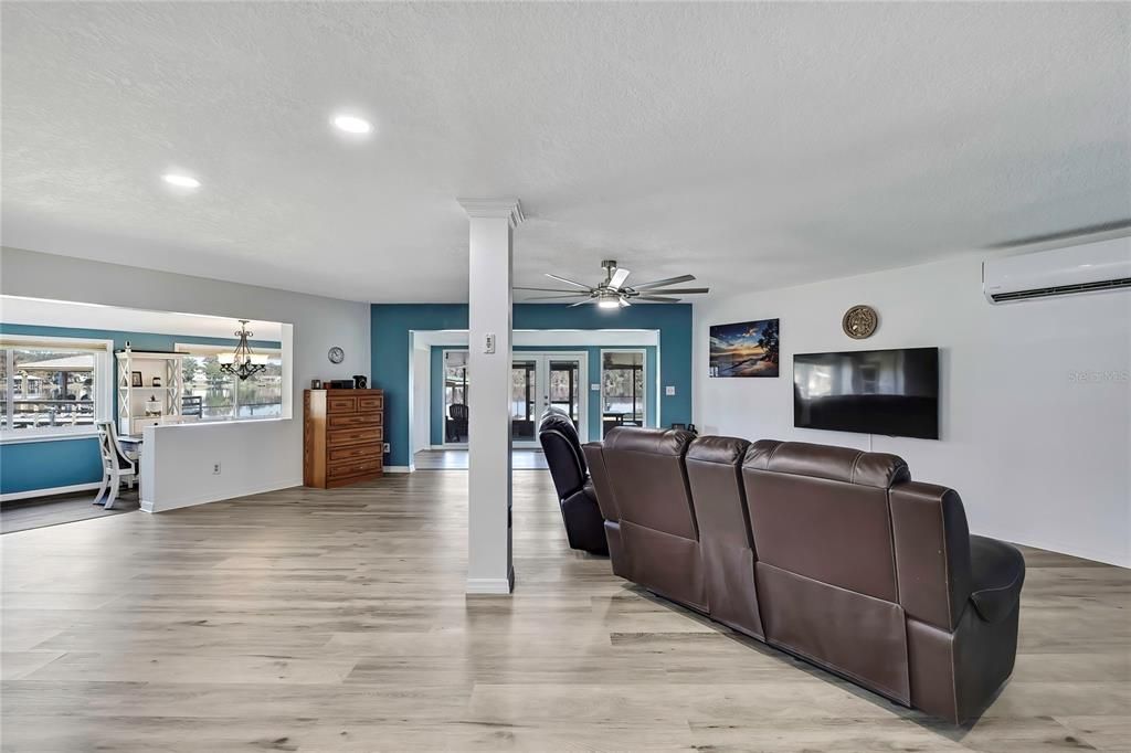 Home Theatre Room, Interior, Living room, Recessed Lighting, Wood Texture Flooring