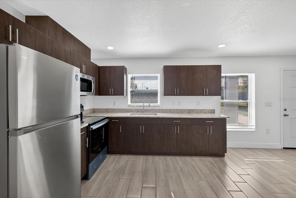 Interior, Kitchen, Recessed Lighting, Wood Texture Flooring