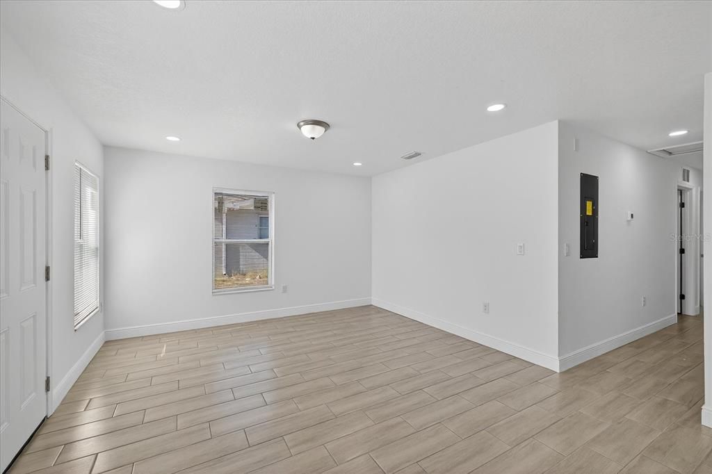 Elevator, Empty room, Interior, Recessed Lighting, Wood Texture Flooring