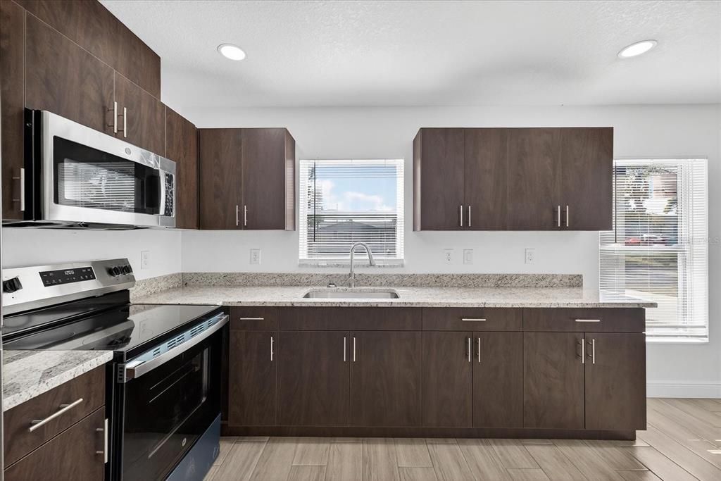 Interior, Kitchen, Recessed Lighting, Wood Texture Flooring