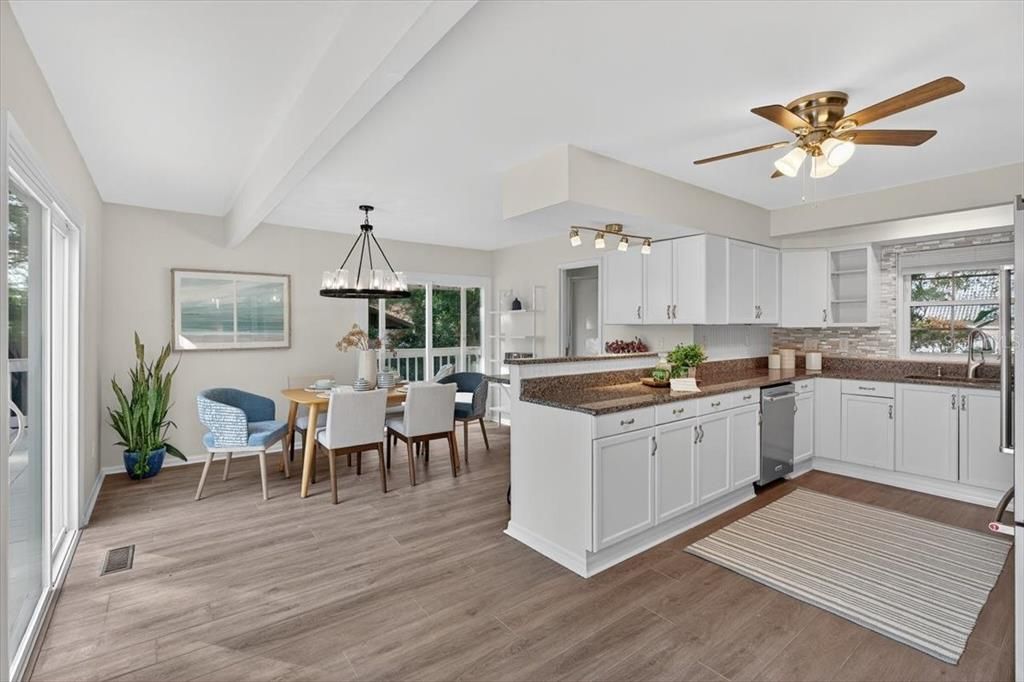 Dining room, Interior, Kitchen, Pendant Lights, Wood Texture Flooring