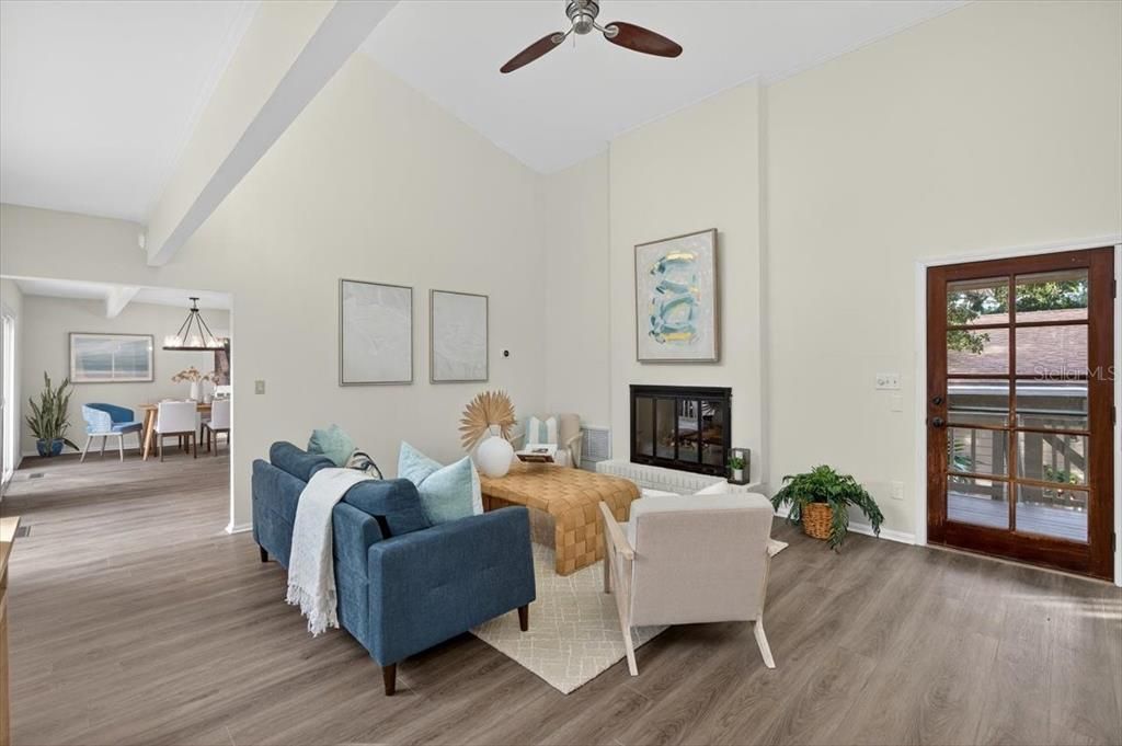 Dining room, Fireplace, Interior, Living room, Pendant Lights, Wood Texture Flooring