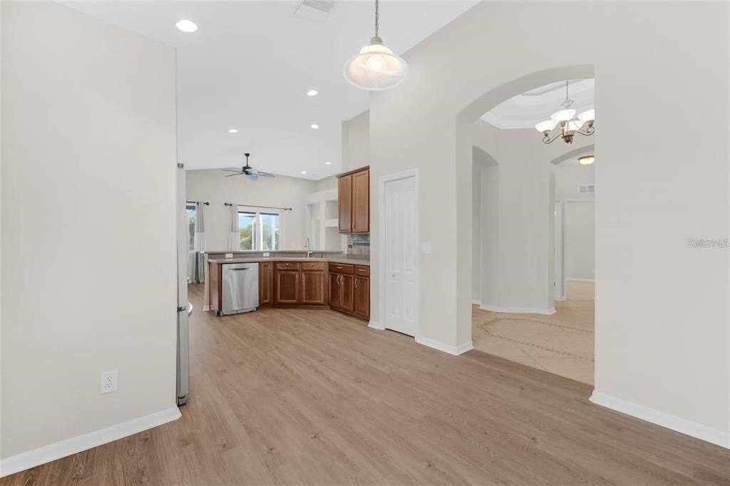 Chandelier, Interior, Kitchen, Pendant Lights, Recessed Lighting, Wood Texture Flooring