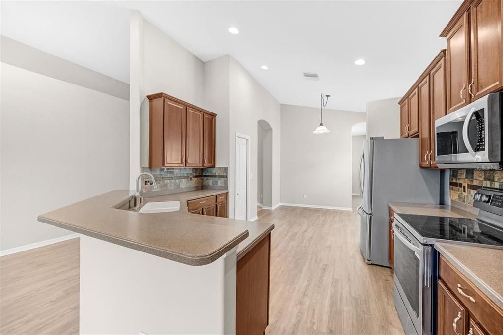 Interior, Kitchen, Pendant Lights, Recessed Lighting, Wood Texture Flooring