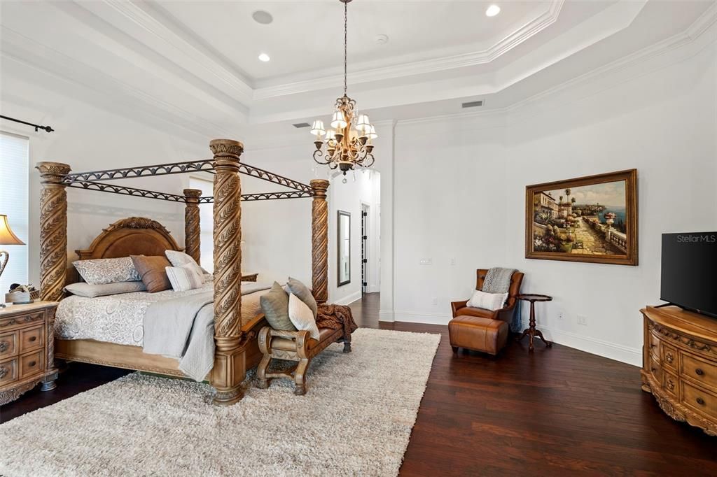 Bedroom, Chandelier, Interior, Recessed Lighting, Wood Texture Flooring